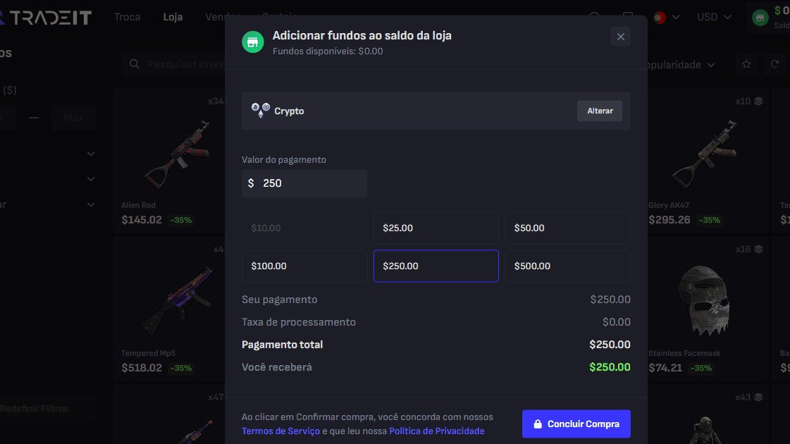 Depósito por cartão, PayPal, PIX ou criptomoeda